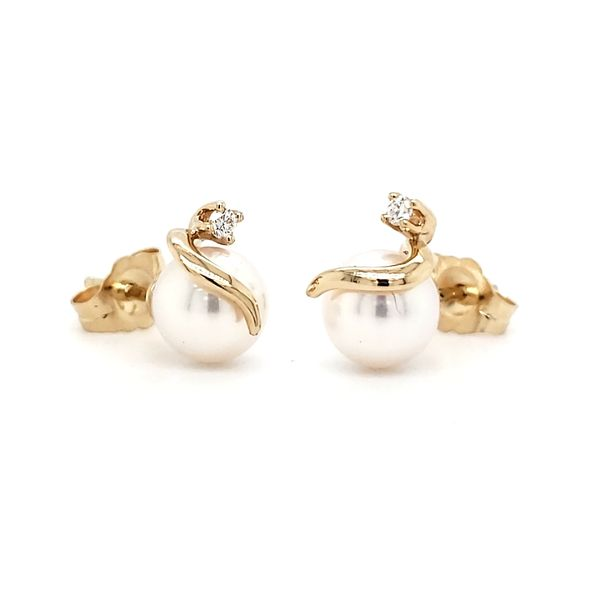 14K Yellow Gold Wrap Pearl & Diamond Stud Earrings Image 2 Quality Gem LLC Bethel, CT