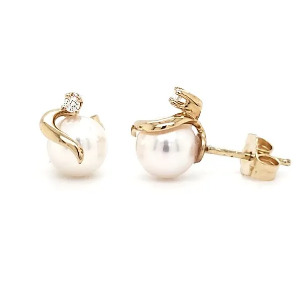 14K Yellow Gold Wrap Pearl & Diamond Stud Earrings Image 3 Quality Gem LLC Bethel, CT