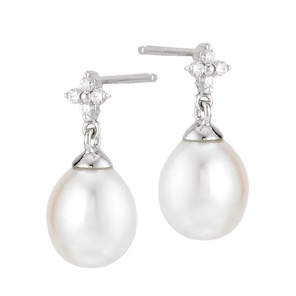 14K White Gold Freshwater Pearl & Diamond Post Dangle Earrings Quality Gem LLC Bethel, CT