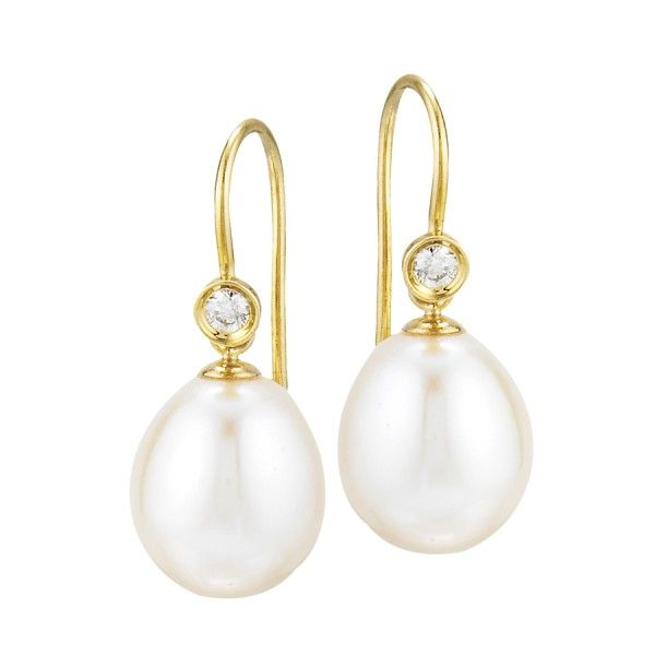 14K Yellow Gold Freshwater Pearl & Bezel Diamond Wire Dangle Earrings Quality Gem LLC Bethel, CT
