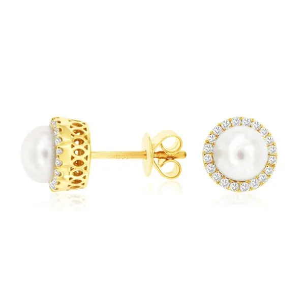 14K Yellow Gold Pearl and Diamond Halo Stud Earrings Quality Gem LLC Bethel, CT