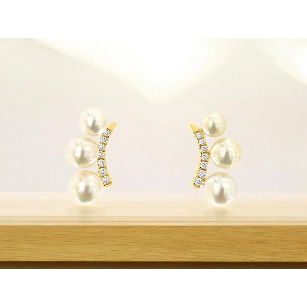 14K Yellow Gold Pearl and Diamond Climber Earrings Image 2 Quality Gem LLC Bethel, CT