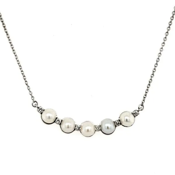 14K White Gold Pearl and Diamond Curve Necklace Length 16-18 Inches Adjustable Quality Gem LLC Bethel, CT