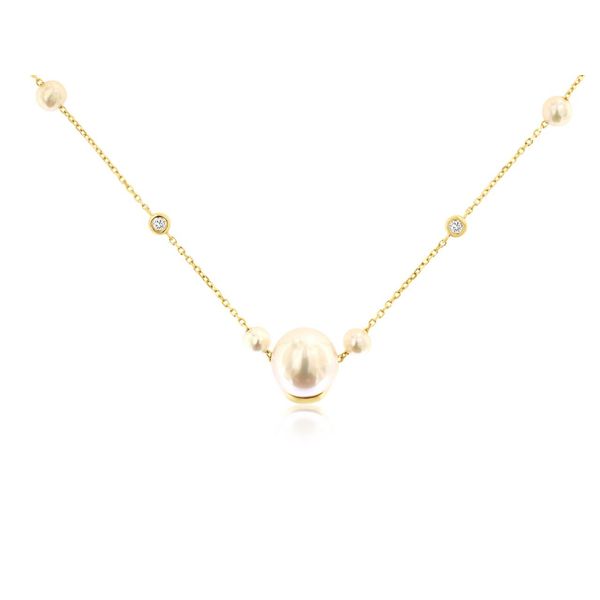 14K Yellow Gold Pearl and Diamond Station Necklace Length 18 Inches Quality Gem LLC Bethel, CT