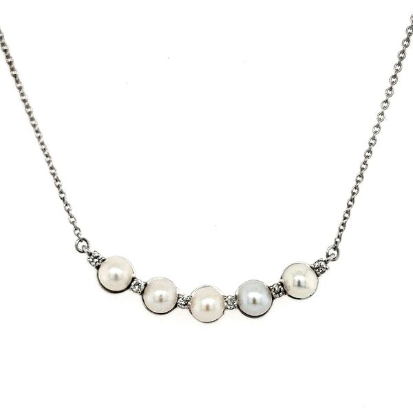 14K White Gold Pearl and Diamond Curve Necklace Length 16-18 Inches Adjustable Quality Gem LLC Bethel, CT