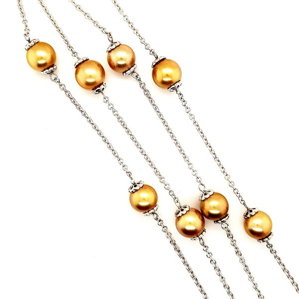 18K White Gold 10mm Golden Tahitian Pearl Station Necklace Image 2 Quality Gem LLC Bethel, CT