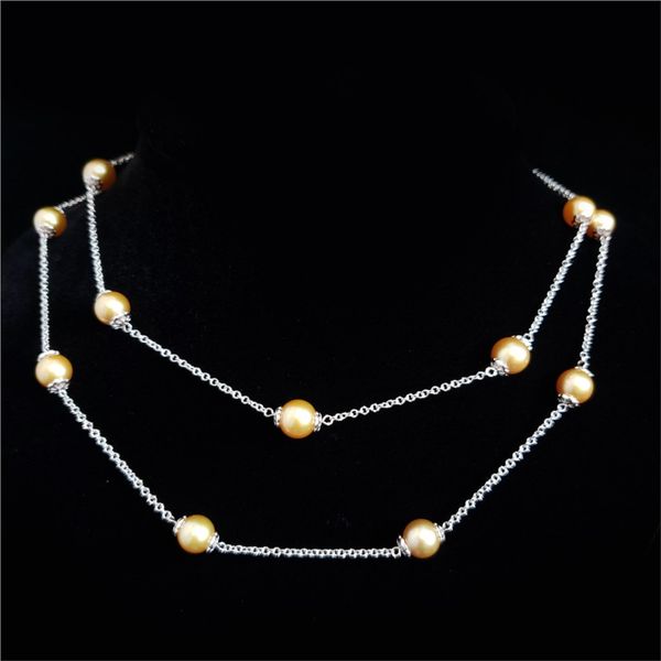 18K White Gold 10mm Golden Tahitian Pearl Station Necklace Image 3 Quality Gem LLC Bethel, CT