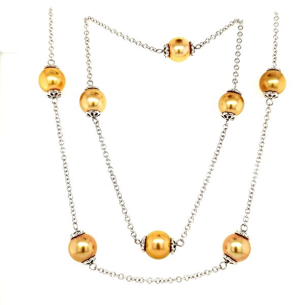 18K White Gold 10mm Golden Tahitian Pearl Station Necklace Quality Gem LLC Bethel, CT
