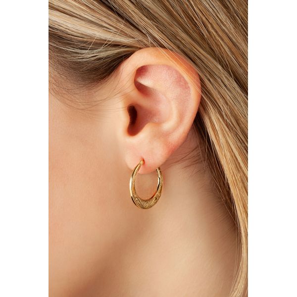 14K Yellow Gold Embossed Flat Hoop Earrings Image 2 Quality Gem LLC Bethel, CT