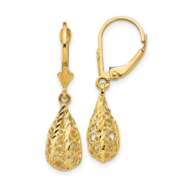 14K Yellow Gold Diamond Cut Filigree Dangle Leverback Earrings Quality Gem LLC Bethel, CT