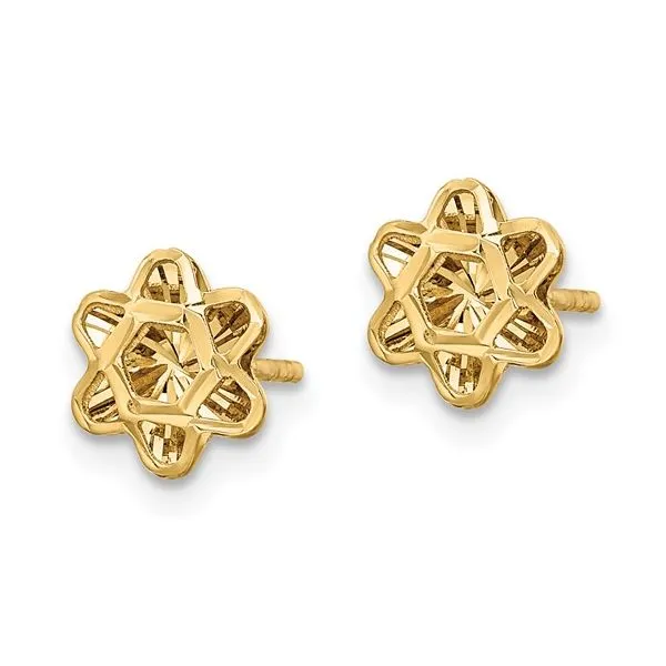 14K Yellow Gold Diamond Cut Floral Stud Earrings Image 2 Quality Gem LLC Bethel, CT