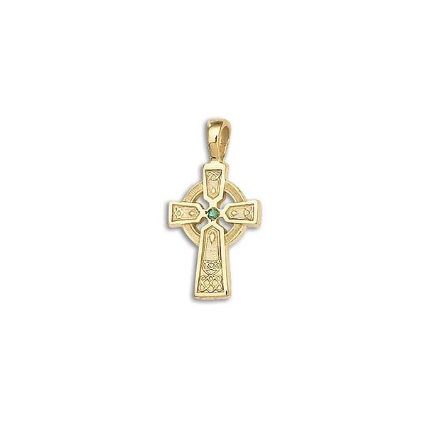 14K Yellow Gold Celtic Cross with Natural Emerald Quality Gem LLC Bethel, CT