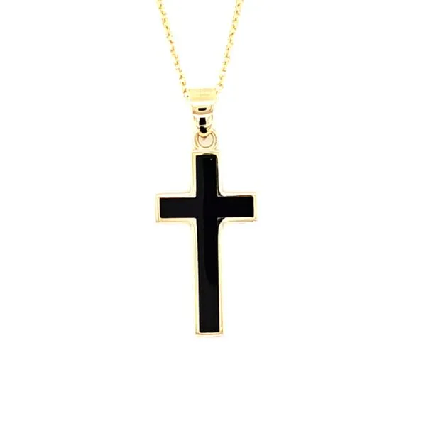 14K Yellow Gold Black Enamel Cross Pendant Length 18 Inches Quality Gem LLC Bethel, CT