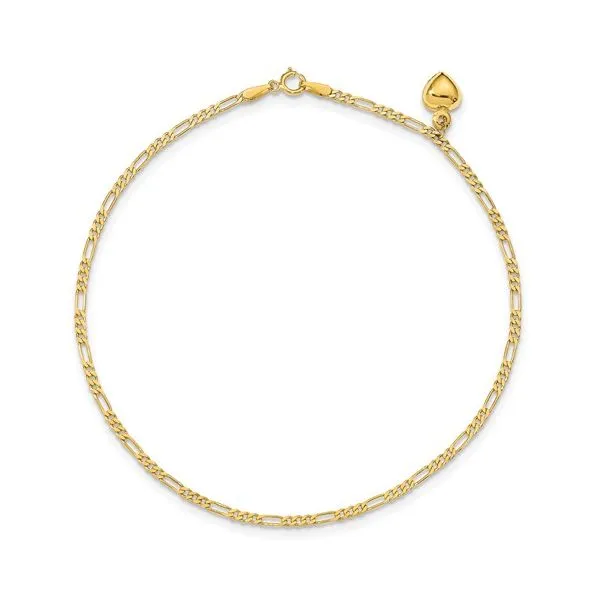 14K Yellow Gold Figaro Link With Dangling Heart Anklet Bracelet Length 10 Image 2 Quality Gem LLC Bethel, CT