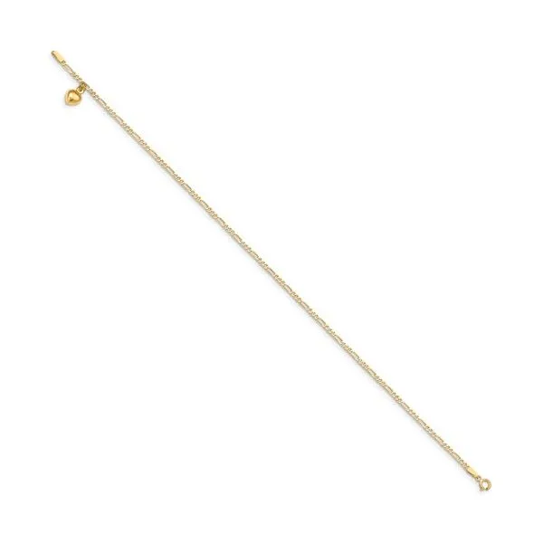 14K Yellow Gold Figaro Link With Dangling Heart Anklet Bracelet Length 10 Image 3 Quality Gem LLC Bethel, CT