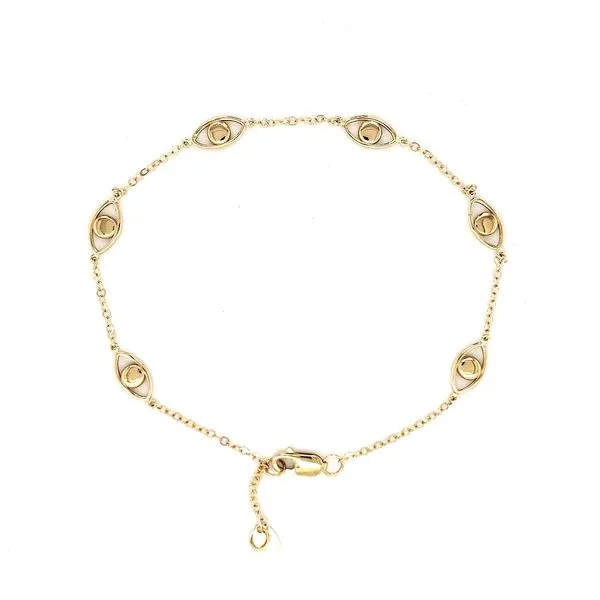 14K Yellow Gold Evil Eye Station Bracelet Length 7-7.5 Inches Adjustable Quality Gem LLC Bethel, CT