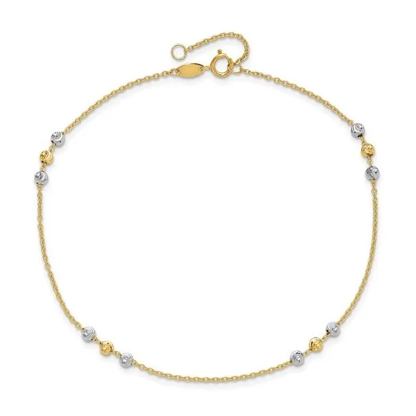 14K Two Tone Beaded Station Ankle Bracelet Length 9-10 Inches Adjustable Image 5 Quality Gem LLC Bethel, CT