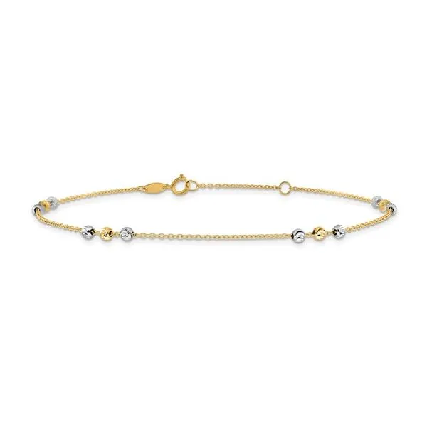 14K Two Tone Beaded Station Ankle Bracelet Length 9-10 Inches Adjustable Quality Gem LLC Bethel, CT