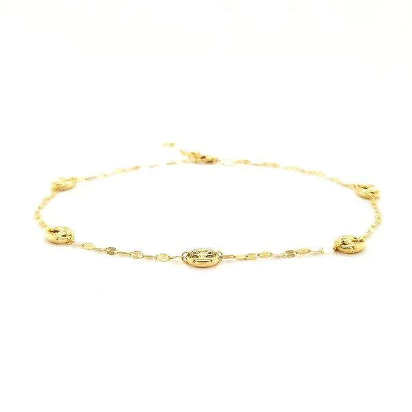 14K Yellow Gold Mirror Chain and Puffed Mariner Station Ankle Bracelet Length 10 Inches Quality Gem LLC Bethel, CT