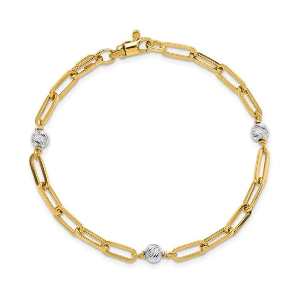 14K Two Tone Diamond Cut Beads And Paperclip Bracelet Length 7.5 Inches Quality Gem LLC Bethel, CT