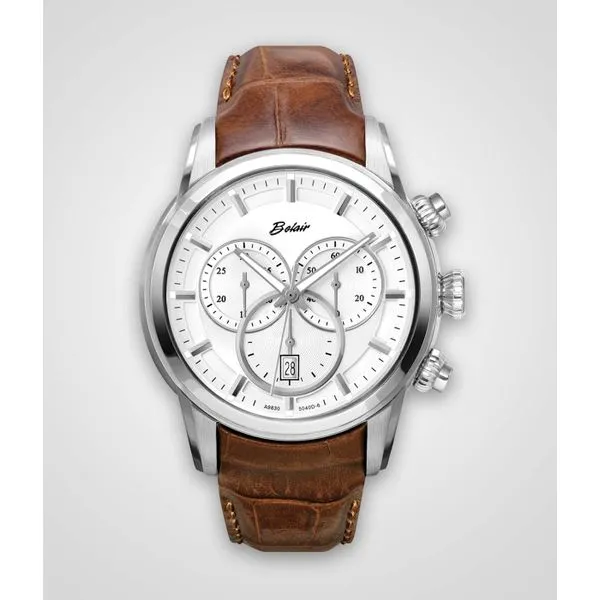 Stainless Steel Belair Chronograph Watch with White Dial and Brown Leather Strap Quality Gem LLC Bethel, CT
