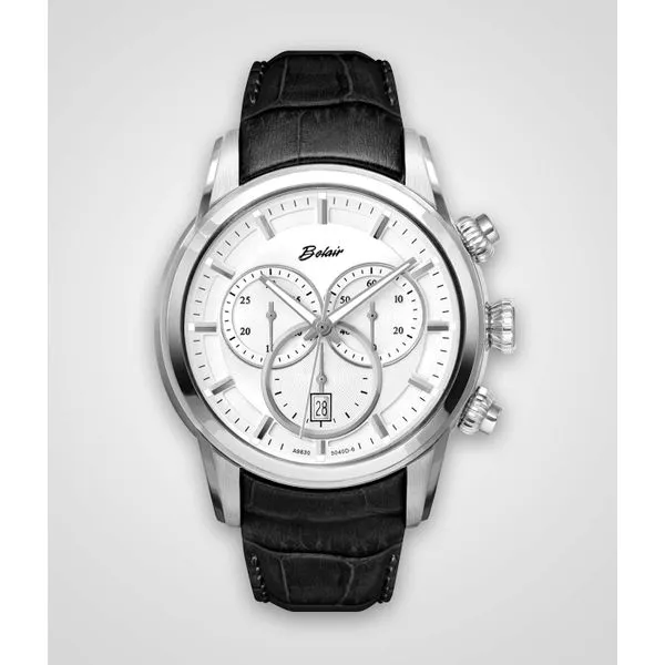 Stainless Steel Chronograph Belair Watch With White Dial and Black Band Quality Gem LLC Bethel, CT