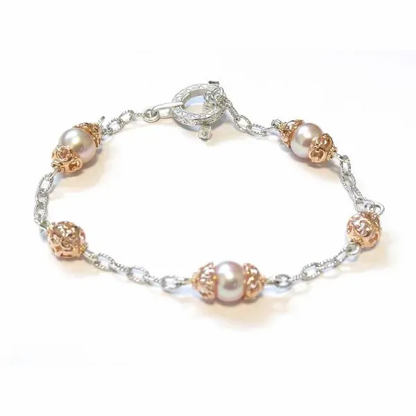 Sterling Silver & Rose Gold Vermeil Pink Pearls Filigree Bracelet Quality Gem LLC Bethel, CT