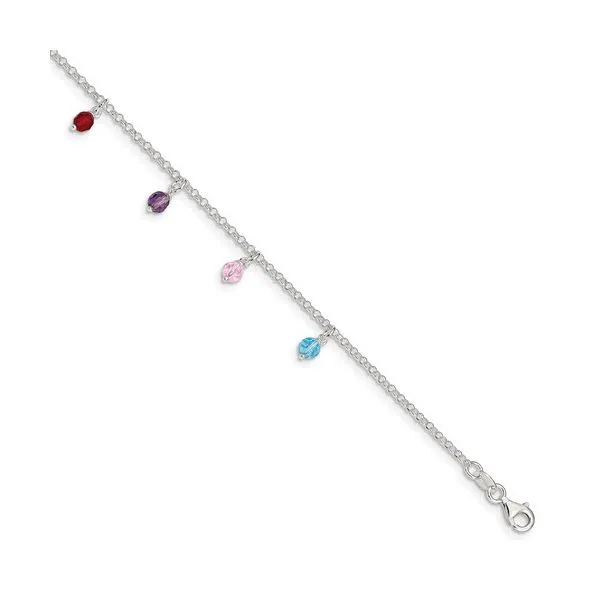 Sterling Silver Multi-Color Dangle Bead Ankle Bracelet Image 2 Quality Gem LLC Bethel, CT