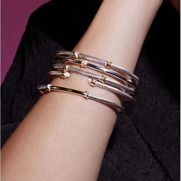 Sterling Silver/18KY 3 Row Italian Cable Abbraccio Diamond Cuff Bangle Bracelet Image 3 Quality Gem LLC Bethel, CT
