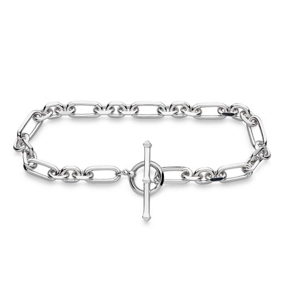 Sterling Silver Rhodium Plated Revival Astoria Figaro Chain Link T-Bar Bracelet Length 7.5 Inches Quality Gem LLC Bethel, CT