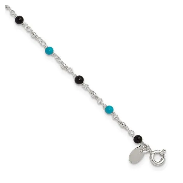 Sterling Silver Onyx/Turquoise Beads Ankle Bracelet Length 10 Inches Image 2 Quality Gem LLC Bethel, CT