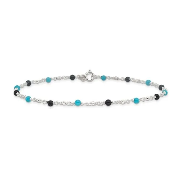 Sterling Silver Onyx/Turquoise Beads Ankle Bracelet Length 10 Inches Image 4 Quality Gem LLC Bethel, CT