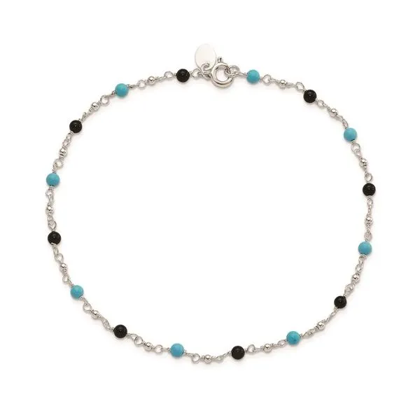 Sterling Silver Onyx/Turquoise Beads Ankle Bracelet Length 10 Inches Quality Gem LLC Bethel, CT