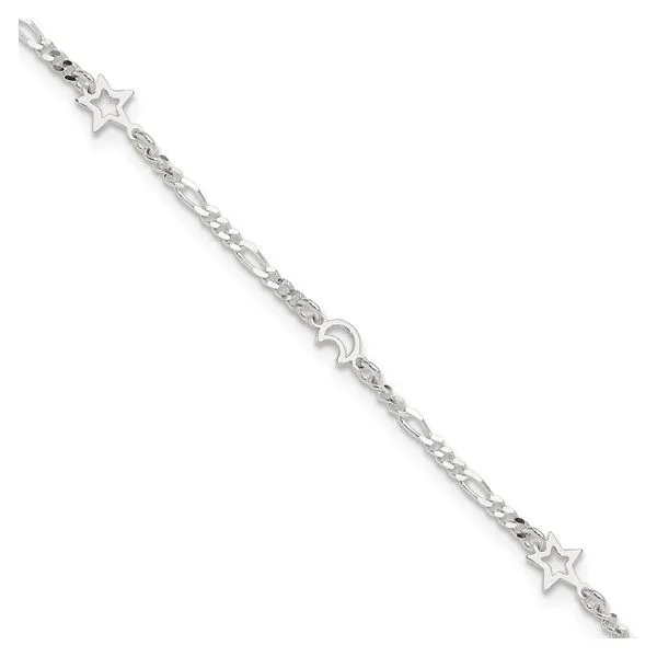 Sterling Silver Moon And Stars Ankle Bracelet Length 10 Inches with 1 Inch Extender Image 3 Quality Gem LLC Bethel, CT
