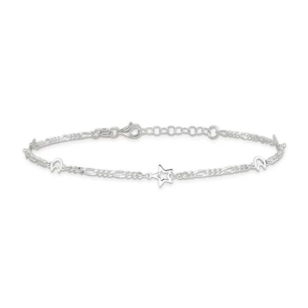 Sterling Silver Moon And Stars Ankle Bracelet Length 10 Inches with 1 Inch Extender Quality Gem LLC Bethel, CT