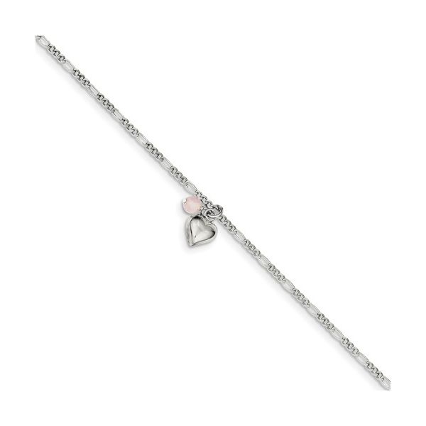 Sterling Silver Cherry Quartz & Dangling Heart Figaro Link Ankle Bracelet Quality Gem LLC Bethel, CT