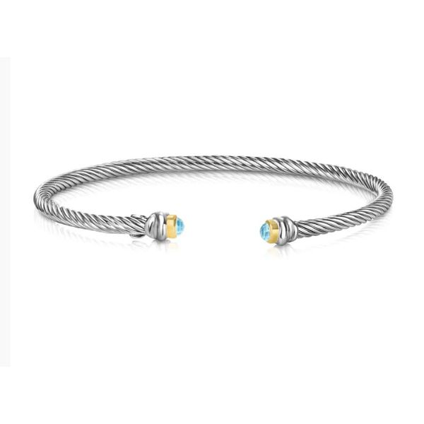 Sterling Silver & 18K Yellow Gold Italian Cable Stackable Blue Topaz Cuff Bangle Bracelet Quality Gem LLC Bethel, CT