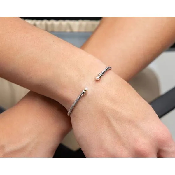 Sterling Silver & 18K Yellow Gold Italian Cable 3mm Pearl Stackable Cuff Bangle Bracelet Image 2 Quality Gem LLC Bethel, CT