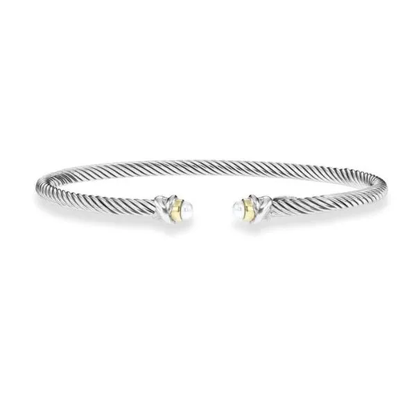 Sterling Silver & 18K Yellow Gold Italian Cable 3mm Pearl Stackable Cuff Bangle Bracelet Quality Gem LLC Bethel, CT