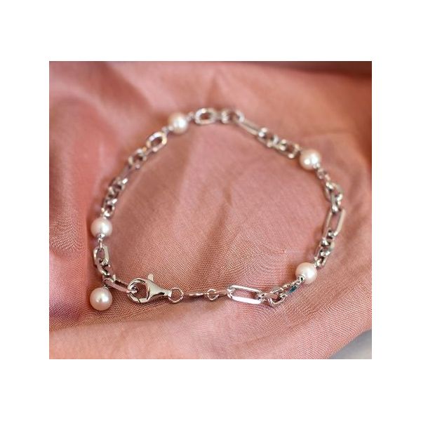 Sterling Silver Rhodium Plated Revival Astoria Figaro Pearl Chain Link Bracelet Length 7.5 Inches Image 2 Quality Gem LLC Bethel, CT