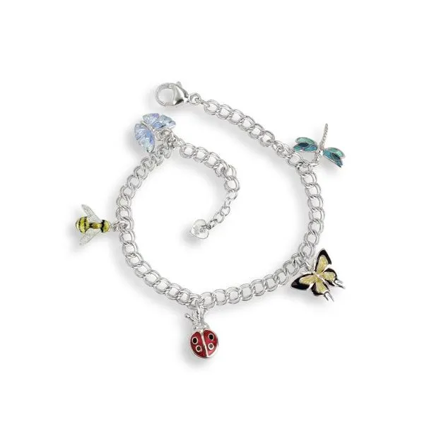 Sterling Silver Rhodium Plated Enamel Butterfly, Bee, Ladybug, And Dragonfly Dangle Bracelet Length 7.5-8 Inches Adjustable Quality Gem LLC Bethel, CT