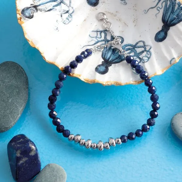 Sterling Silver Rhodium Plated Coast Tumble Azure Lapis Lazuli Beaded Bracelet Adjustable Length 7.5 Image 3 Quality Gem LLC Bethel, CT