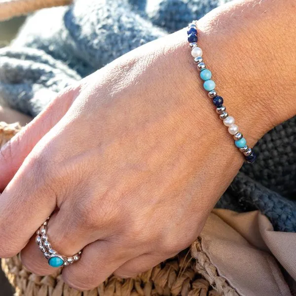 Sterling Silver Rhodium Plated Coast Tumble Azure Lapis Lazuli, Teal Magnesite, And Freshwater Pearl Beaded Bracelet Adjustable Length 7.5 Image 2 Quality Gem LLC Bethel, CT