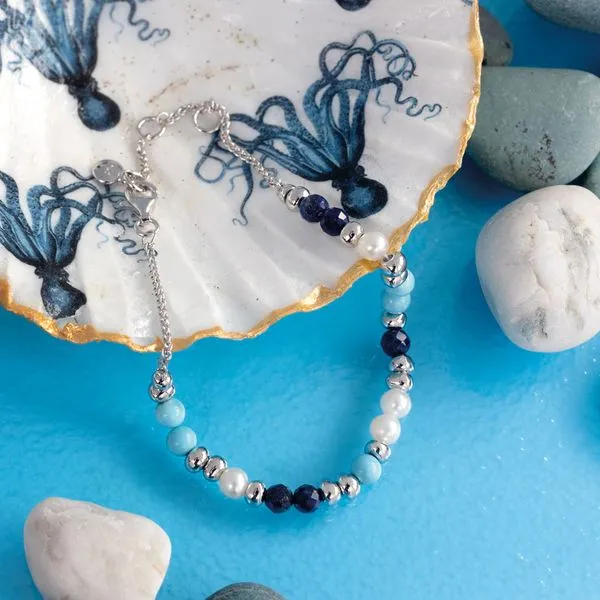 Sterling Silver Rhodium Plated Coast Tumble Azure Lapis Lazuli, Teal Magnesite, And Freshwater Pearl Beaded Bracelet Adjustable Length 7.5 Image 4 Quality Gem LLC Bethel, CT