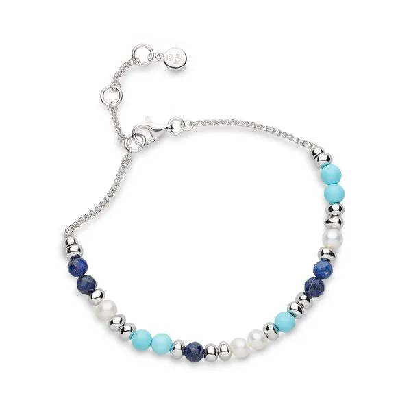 Sterling Silver Rhodium Plated Coast Tumble Azure Lapis Lazuli, Teal Magnesite, And Freshwater Pearl Beaded Bracelet Adjustable Length 7.5 Quality Gem LLC Bethel, CT