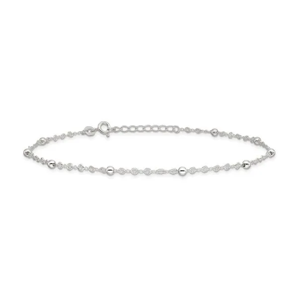 Sterling Silver Rhodium Plated Beaded Ankle Bracelet Length 10-11 Inches Adjustable Image 2 Quality Gem LLC Bethel, CT