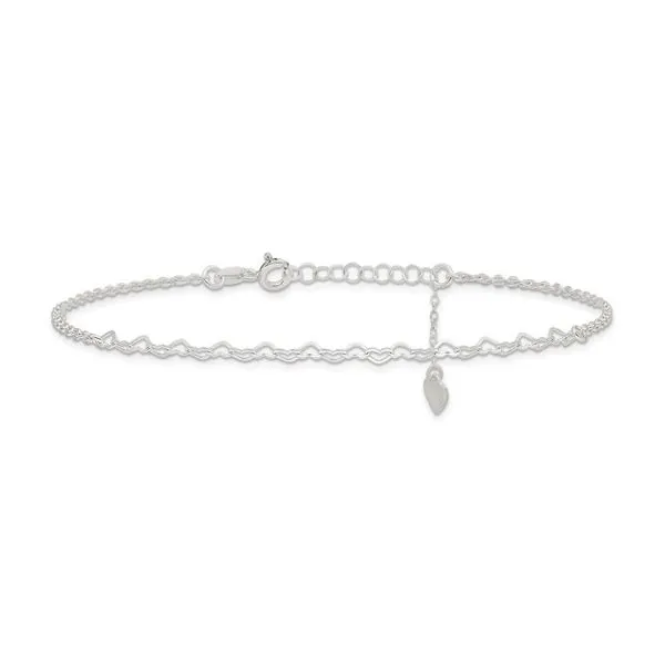Sterling Silver Rhodium Plated Heart Ankle Bracelet Length 9 Inches Image 2 Quality Gem LLC Bethel, CT