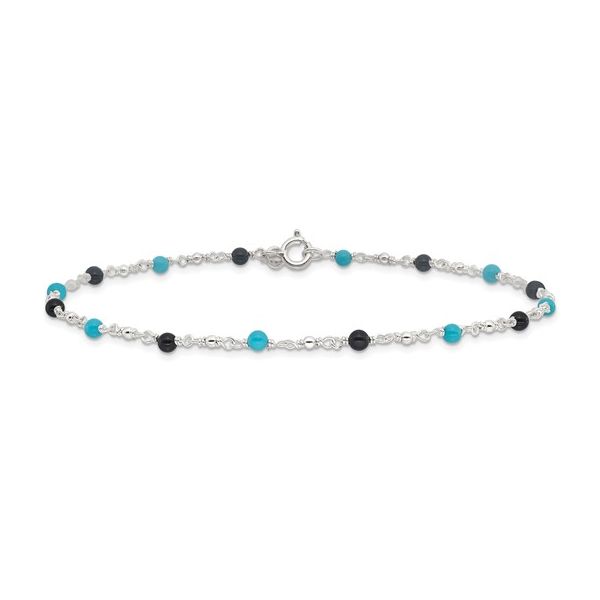 Sterling Silver Onyx/Turquoise Beads Ankle Bracelet Length 10 Inches Image 4 Quality Gem LLC Bethel, CT
