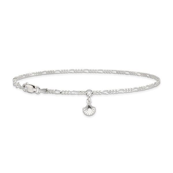 Sterling Silver Rhodium Plated 2Mm Figaro Shell Dangle Ankle Bracelet Length 10 Inches Quality Gem LLC Bethel, CT