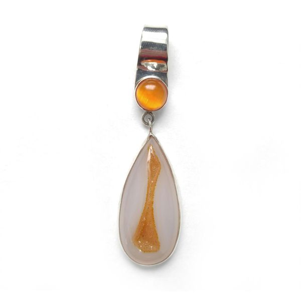 Sterling Silver Orange Fire Opal Cabochon and Natural Drusy Pendant Quality Gem LLC Bethel, CT